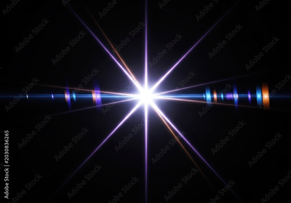 Obraz premium Bright Abstract Lens Flare with Starburst Light Rays and Colorful Anamorphic Glitch Effects on Black Background