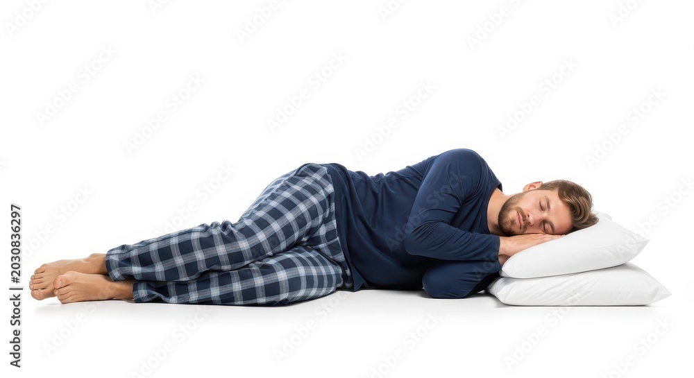 Fototapeta premium Young man in blue pajamas sleeping peacefully on side with white pillows isolated on white background