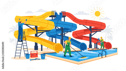Photography Water Park Maintenance: Workers diligently maintain a vibrant water park with colorful slides, ensuring pristine conditions for summer fun
