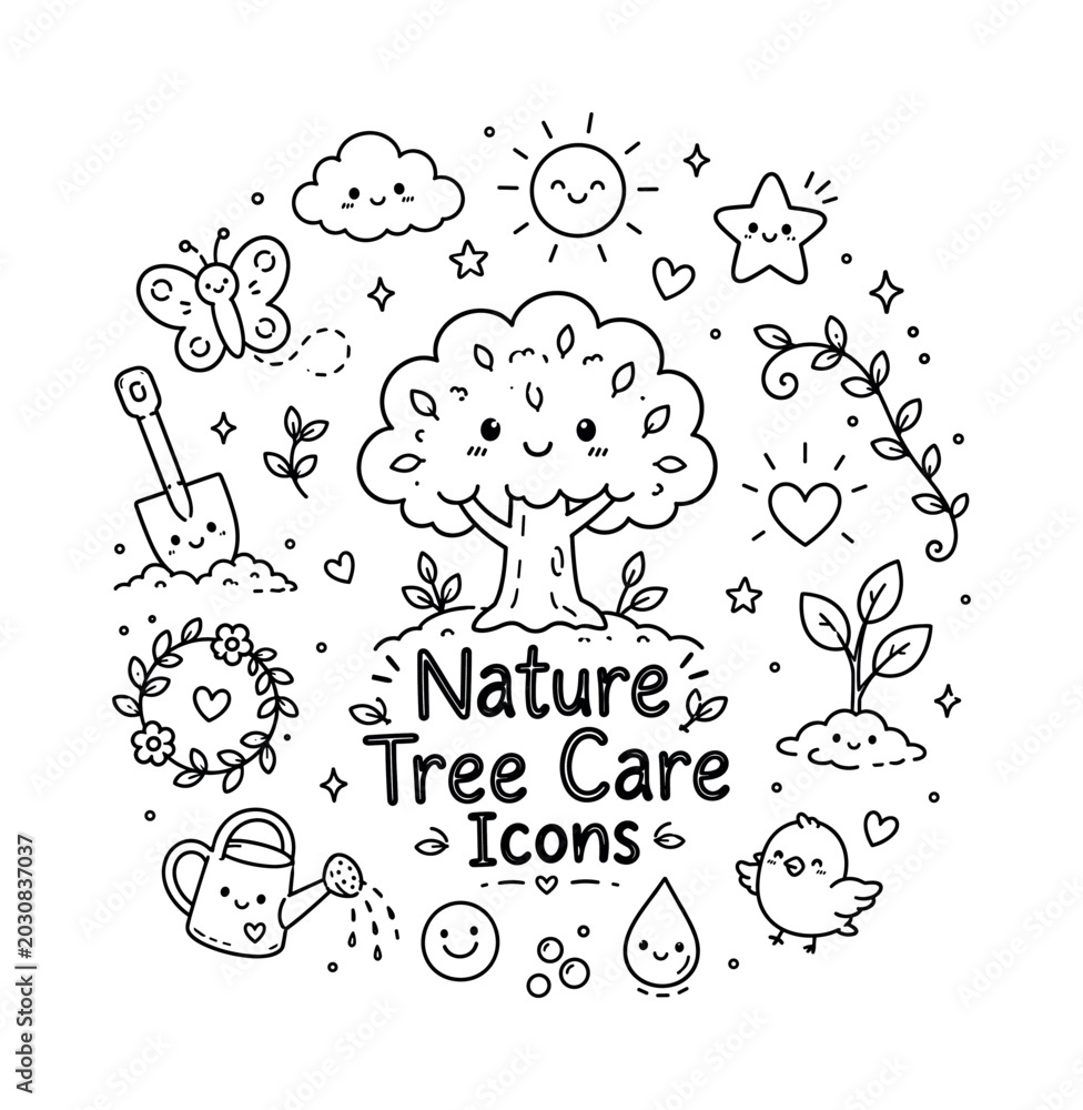 Obraz premium Nature Tree Care Icons. Hand-drawn doodle illustration of Nature Tree Care Icons. In the middle, one slightly larger central doodle drawing (main object related to Nature Tree Care Icons) along with
