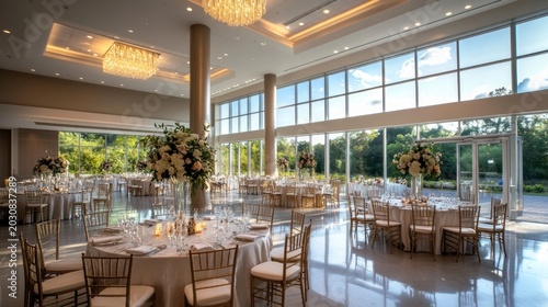 Elegant ballroom with round tables set for a wedding reception o