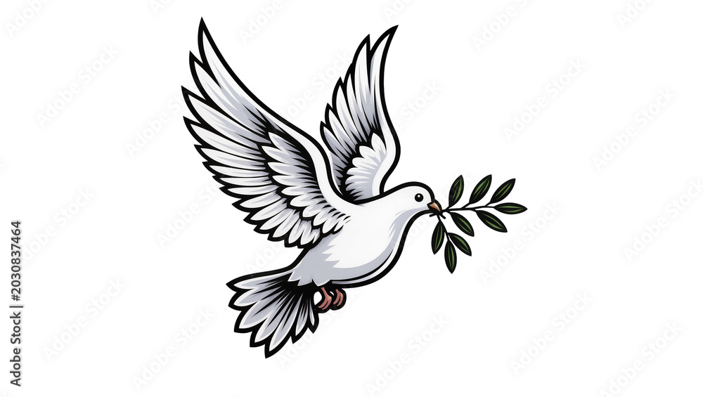 Obraz premium White dove flying with olive branch in beak