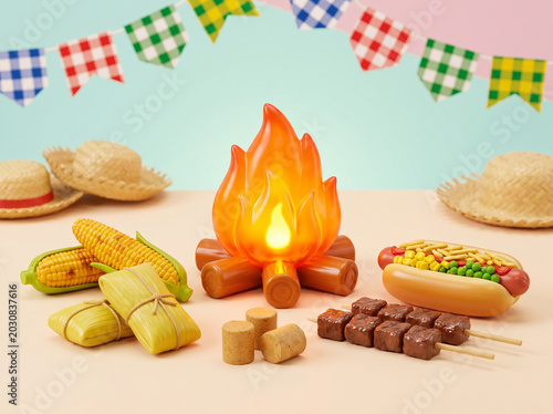 Festa junina party food and decorative campfire