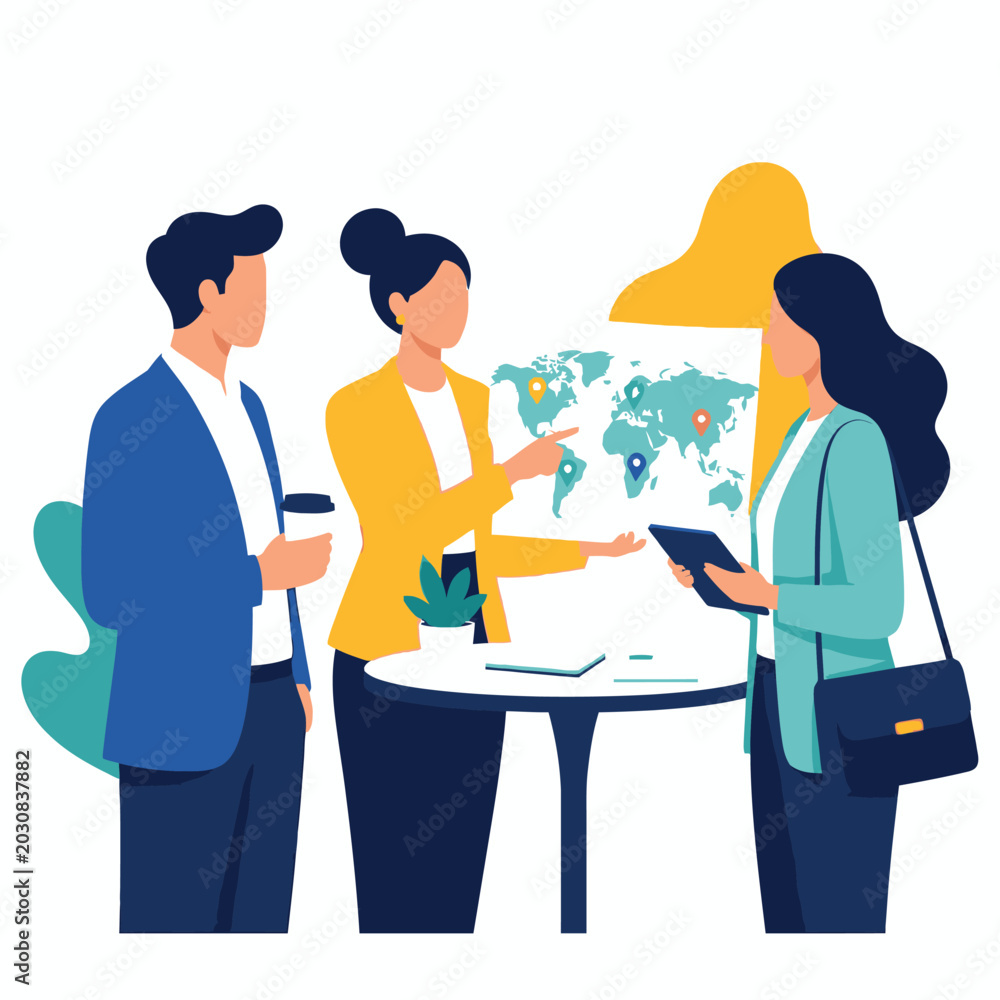 Obraz premium Business team meeting planning strategy with globe illustration.