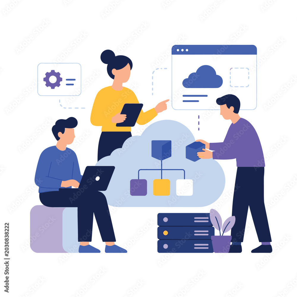 Fototapeta premium Cartoon team collaborating on cloud software interface.