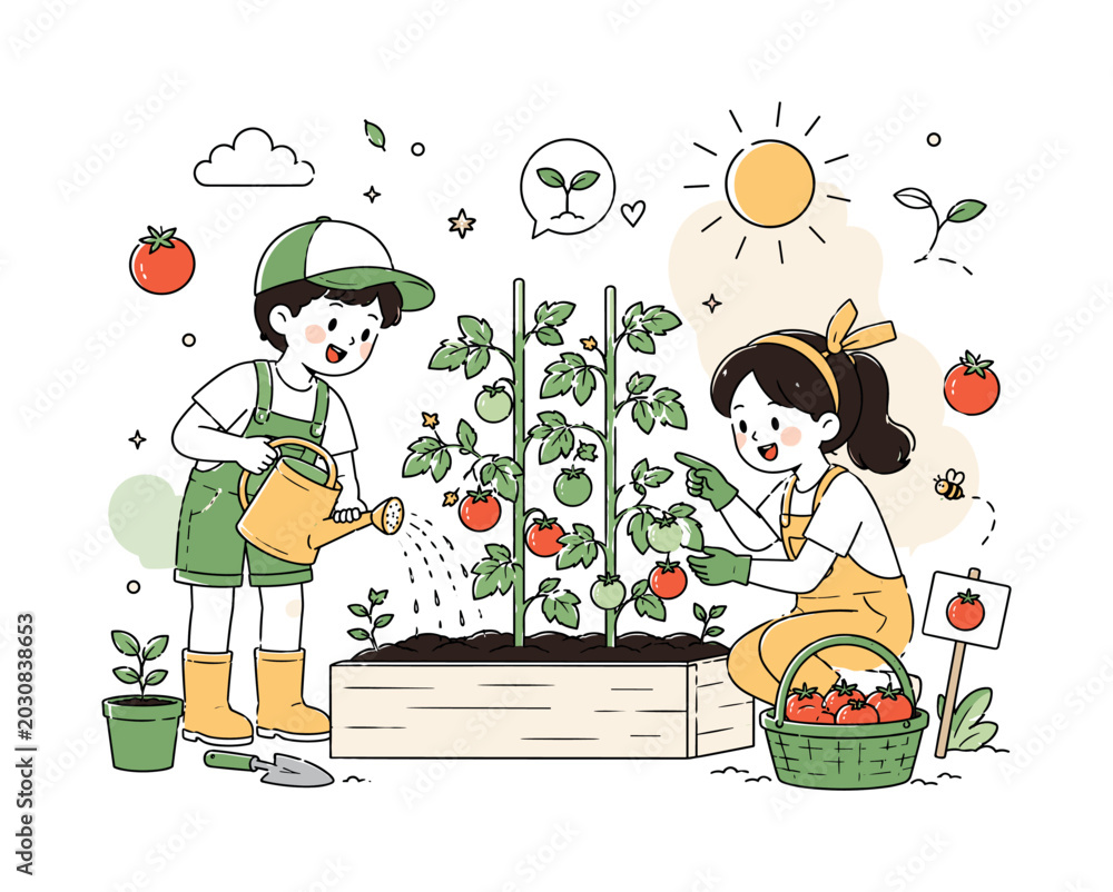 Fototapeta premium Kids Growing Tomatoes. Children learning to grow tomatoes in a garden, watering seedlings and watching small green fruits develop with excitement and curiosity. Floating sprout icons, watering