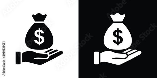 Money bag with dollar sign on a human hand vector icon. Financial support, investment, and loan concept. Black and white versions.