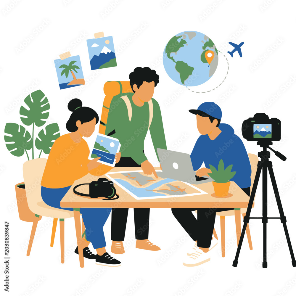 Fototapeta premium Diverse team collaborating on sustainability project with globe icons.