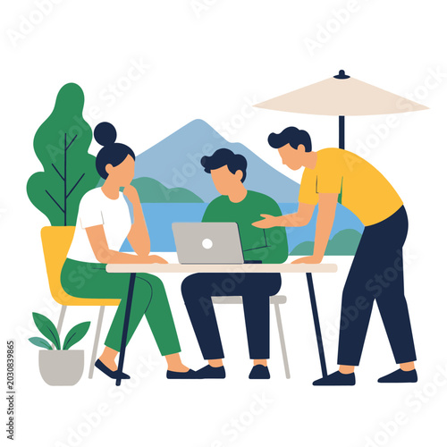 Diverse team collaborating at laptop during business brainstorming session.