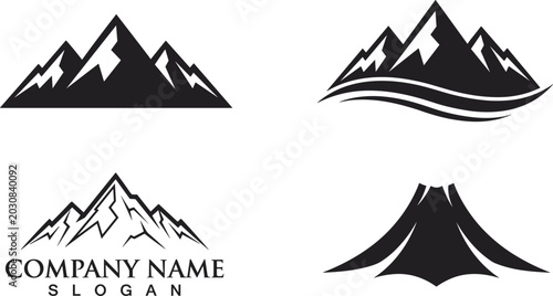 Mountain logo designs collection, abstract and detailed peaks illustration, modern branding concept, outdoor adventure emblem, professional company identity artwork