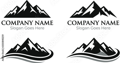 Mountain logo design collection, black and white peaks with snow caps, professional business branding template showcasing strength and stability
