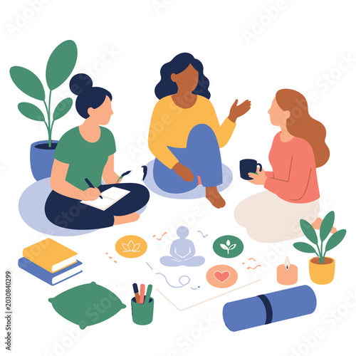 Family and friends learning together in modern home illustration.