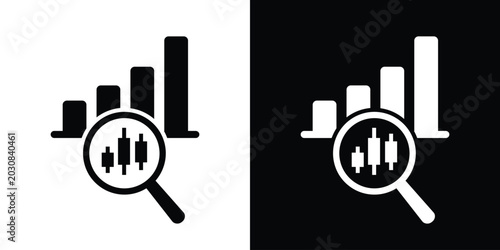 Tableau sur toile Growth bar chart under a magnifying glass showing candlestick elements vector icon