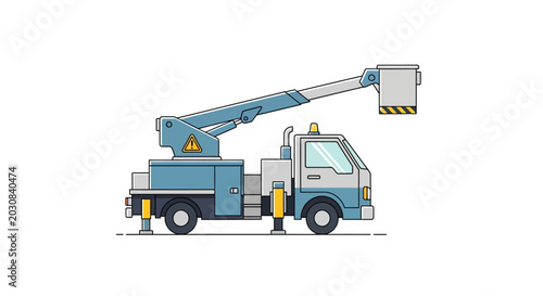 Isolated blue bucket truck vehicle with aerial lift platform illustration.