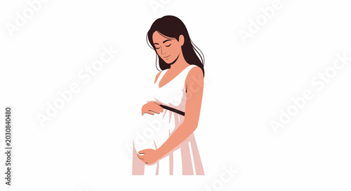 Fotografie A pregnant woman caresses her belly with a gentle smile.