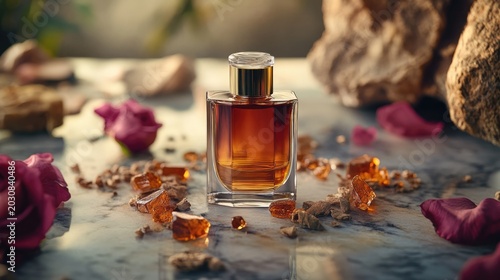 Elegant perfume bottle displayed with flowers, crystals, and roc
