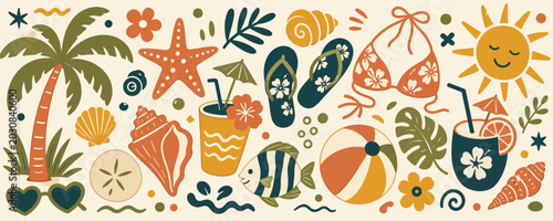Vibrant summer beach vacation icons and symbols in a playful, retro style