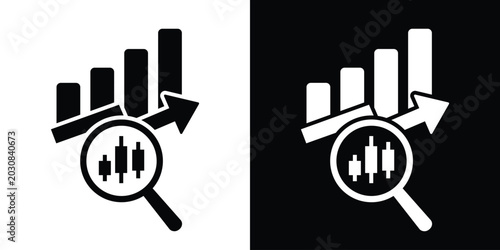 Fotografía Growth bar chart under a magnifying glass showing candlestick elements vector icon