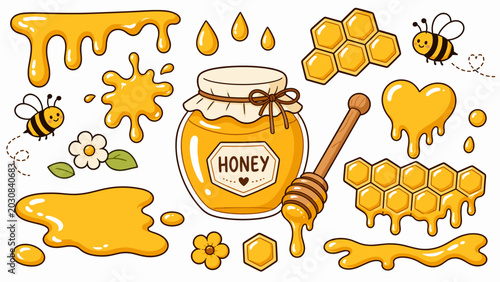 Cute cartoon honey jar with bees, honeycomb, and flowers