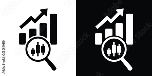 Cuadro en lienzo Growth bar chart under a magnifying glass showing candlestick elements vector icon