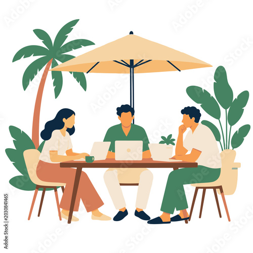 Friends dining together outdoors under a patio umbrella.