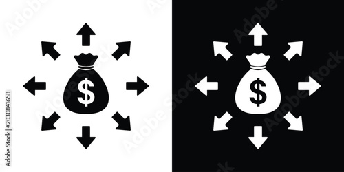 Tableau sur toile Dollar money bag with arrows pointing outward vector icon