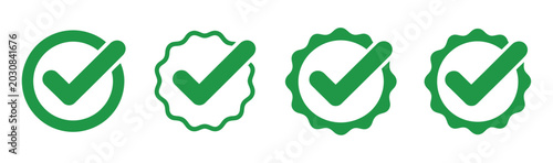 Photos Account Verify Icon Set, verified badge with check mark tick symbol, confirmed approval notification, secure authentication and user validation vector design