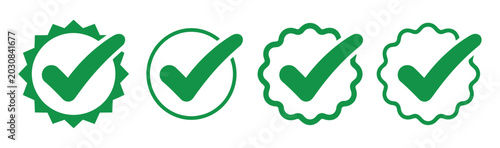 Tableau sur toile Account Verify Icon Set, verified badge with check mark tick symbol, confirmed approval notification, secure authentication and user validation vector design