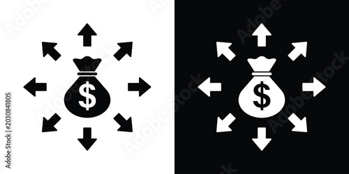 Schilderij op canvas Dollar money bag with arrows pointing outward vector icon