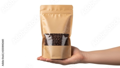 Hand holding coffee beans pouch isolated on white background
