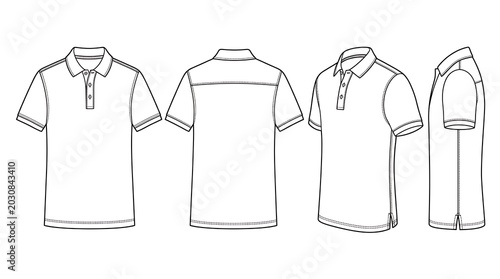 Technical sketch of a mens polo shirt, front, back and side views