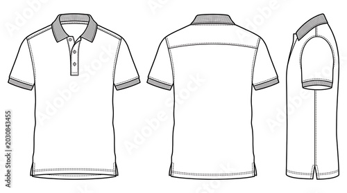 Technical sketch of a mens polo shirt with front, back, and side views