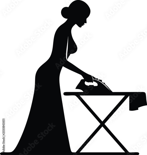 Cuadro en lienzo Silhouette of a woman standing and ironing clothes on an ironing board on white