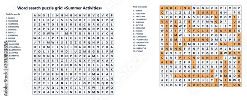 Slika na platnu Word search puzzle grid «Summer Activities» and a solution guide,  engaging and