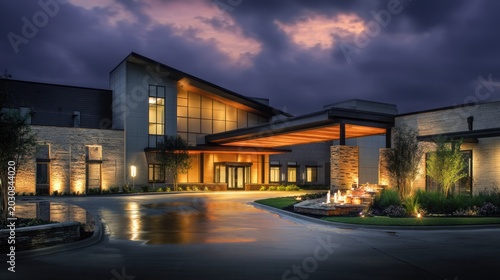 Exterior view of modern building with illuminated architectural