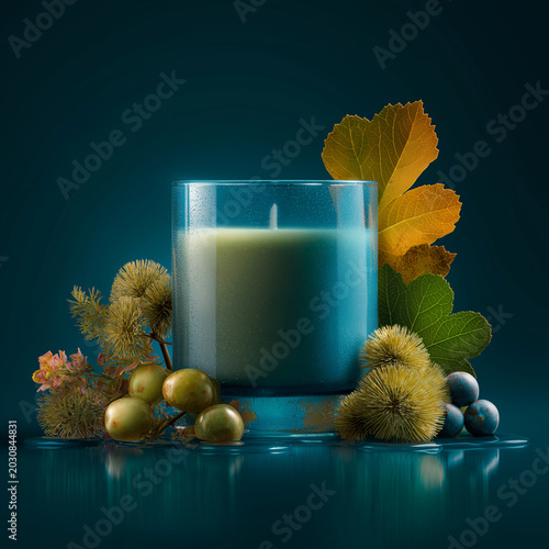 Scented candle surrounded by colorful autumn leaves and berries  