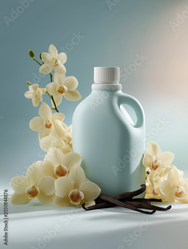 Soft blue bottle surrounded by vanilla pods and white orchids  