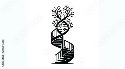 Staircase spiral structure merges into a DNA double helix topped with a branching tree canopy.