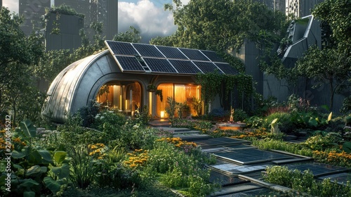 Futuristic eco-friendly house with solar panels surrounded by lu