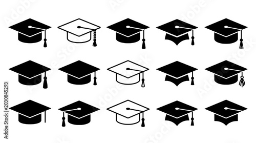 Graduation caps set with various designs and styles for academic achievement featuring education, diploma, school with university and college