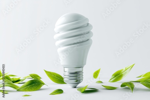 Eco-Friendly Innovation: A white, energy-efficient light bulb is surrounded by vibrant green leaves, symbolizing sustainability and environmental consciousness.