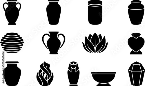 Funeral cremation urns silhouette icon set, flat black glyph style