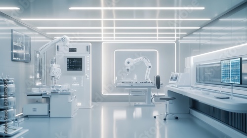 Futuristic laboratory with robotic arm and advanced technology e