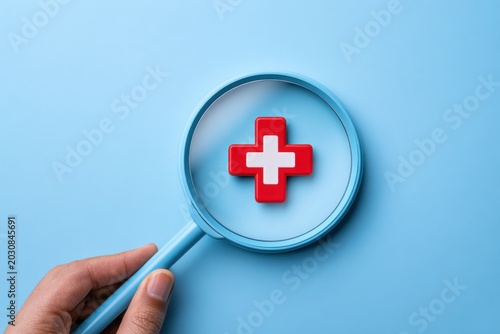 Magnified Health Symbol: A magnifying glass zooms in on a vibrant red and white cross symbol, representing health and medical care, set against a clear blue background.