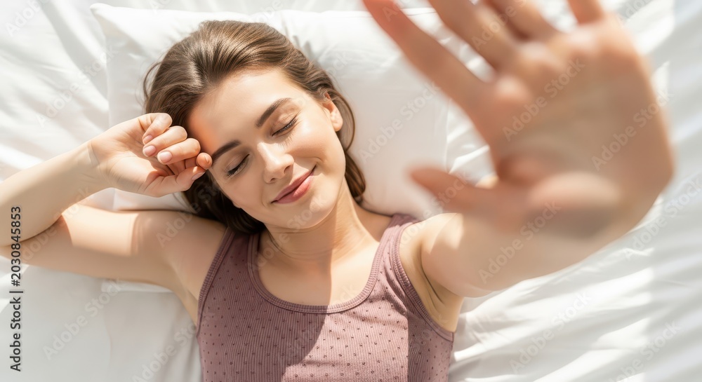 Fototapeta premium Beautiful Young Woman Waking Up in Bright Sunny Bedroom Shielding Eyes from Morning Sunlight