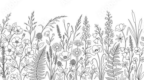 Grass meadow wildflower border pattern with intricate line art botanical doodles, seamless decorative wildlife garden illustration