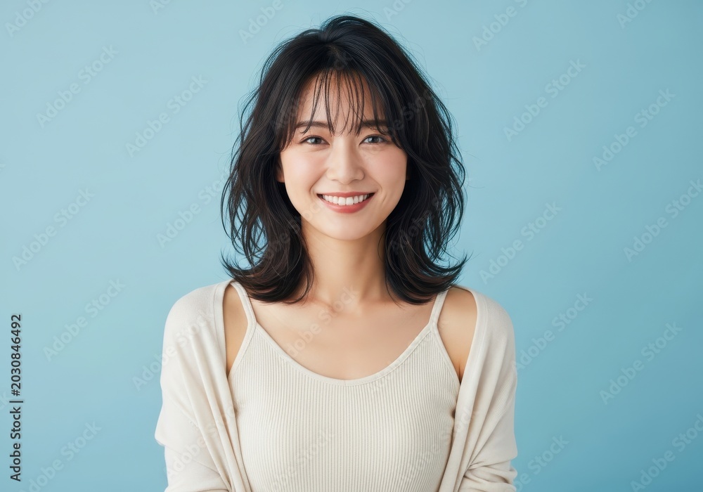 Fototapeta premium Beautiful Young Asian Woman Smiling Confidently Against a Light Blue Background - Portrait of a Happy Japanese Lady