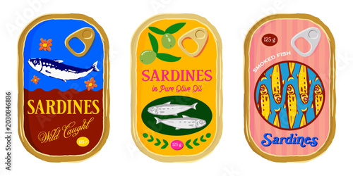 Vintage inspired canned seafood graphics ideal for seafood restaurant menus, supermarket branding, culinary infographics, organic grocery packaging designs, kitchen wall art