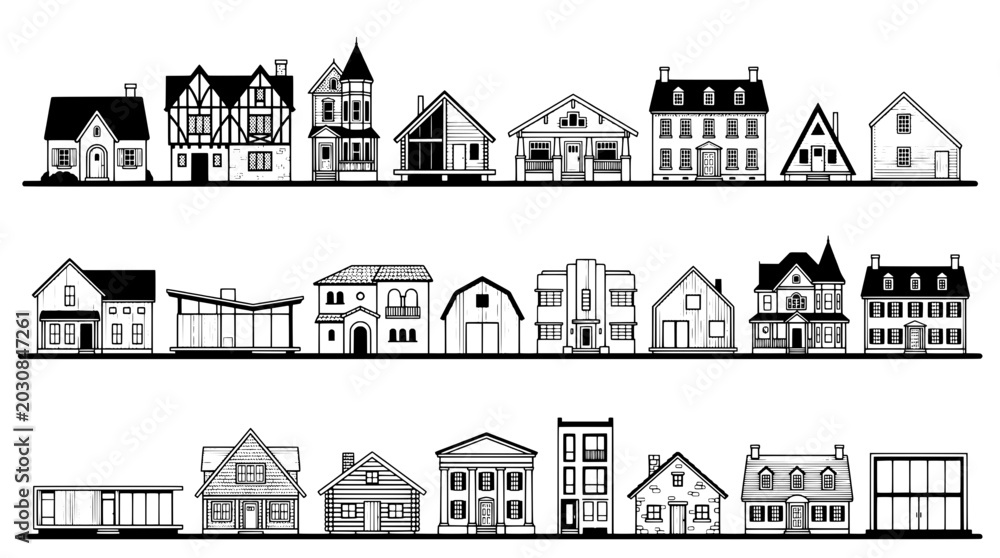 Fototapeta premium Houses architectural line art set with various styles and designs featuring buildings, homes, black and white with illustration and modern elements