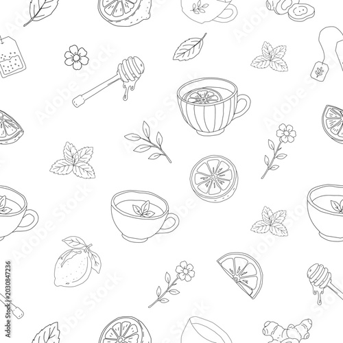 Lemon tea seamless pattern with teacup lemon slice honey dipper and herbal ingredients. cozy tea background. minimal botanical beverage wallpaper illustration.